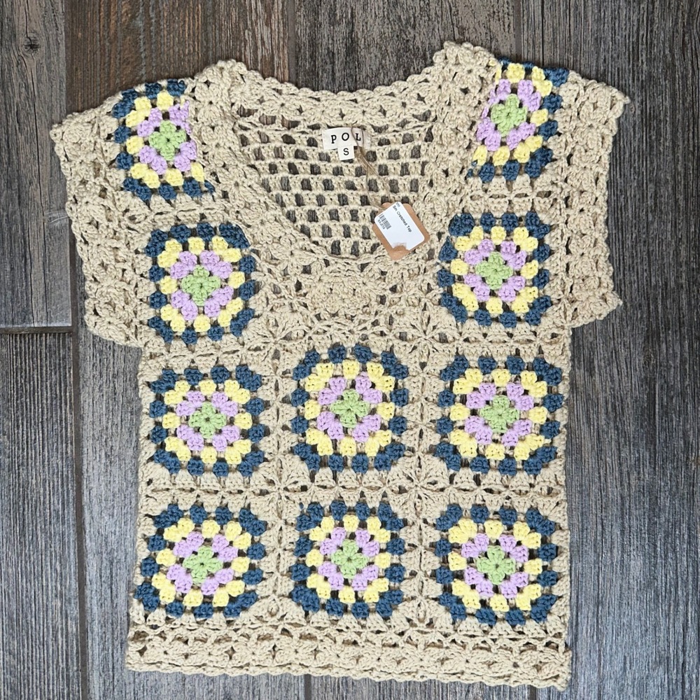 POL Crochet Granny Square Sleeveless Top -‎ Boho Pastel Chic Cute
